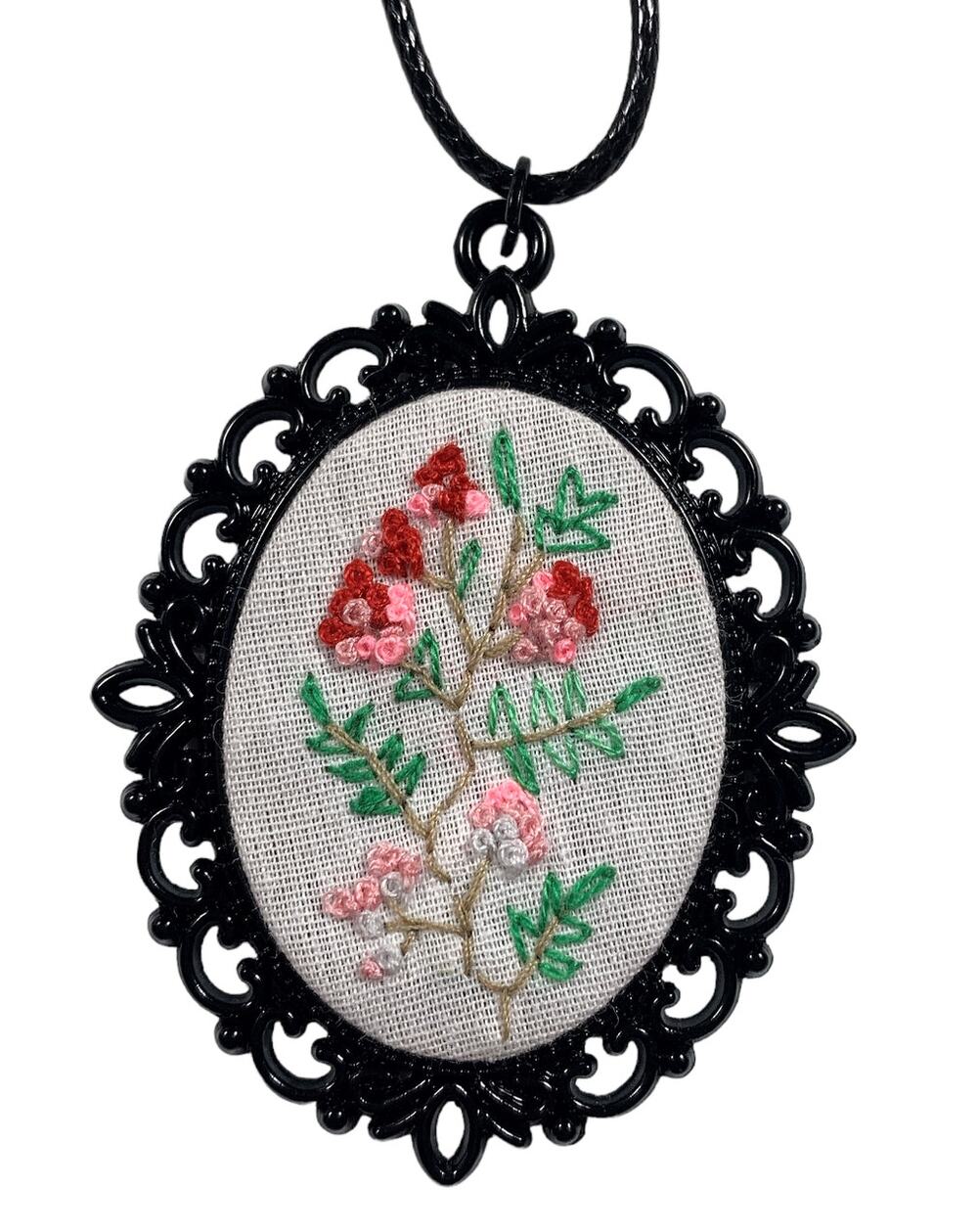 Handmade Wild Flower Embroidery Necklace in Black Bezel